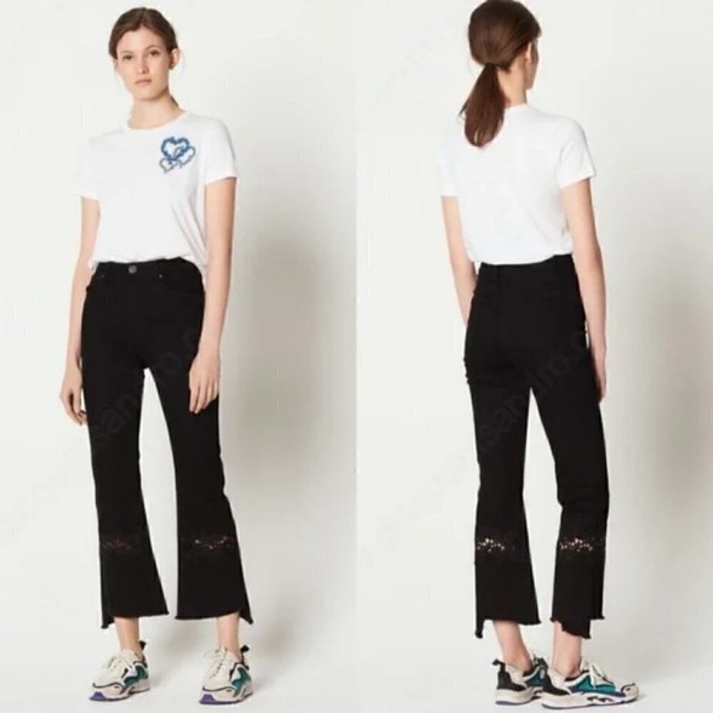 Sandro Paris Tori Flared Lace Inset High Rise Raw Hem Jeans Size 38   (M /6-8)